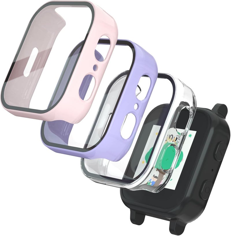 SimpleThings Compatible with Gabb Watch 3 Screen Protector, 3Pack HD Clear Tempered Glass Screen Protector & Hard PC Protective Bumper for Boys Girls (SandPink+Purple+Teal) - Image 1